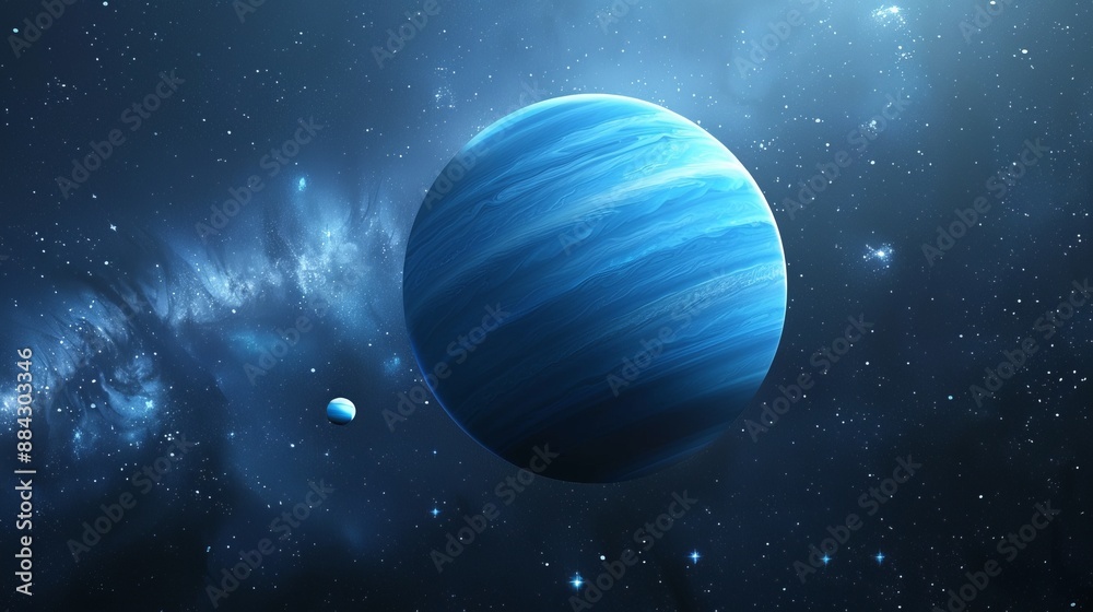A single, bright blue planet is depicted in this image, surrounded by a starry expanse and showcasing the grandeur and mystery of the cosmos. A single, bright blue planet is depicted in this image, surrounded by a starry expanse and showcasing the grandeur and mystery of the cosmos.