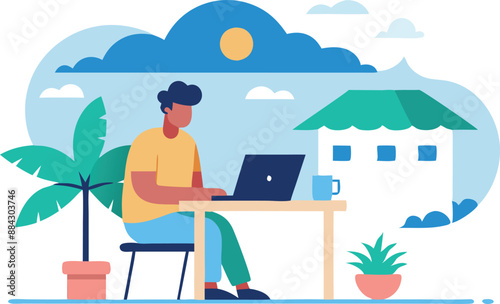 Illustration of a person working remotely on a laptop outdoors with a home office setup on a sunny day.