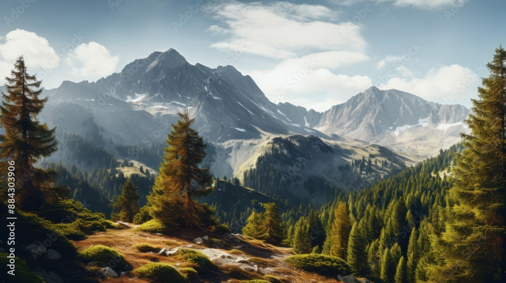Obraz premium Lush green pine trees covering a high mountain ridge in autumn
