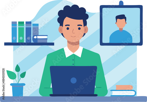 Animated image of man using laptop for virtual meeting in home office setting. Shelves with books and potted plant in background.