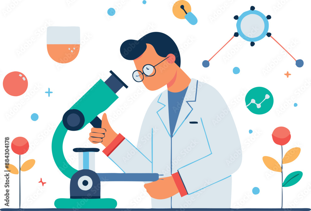 Illustration of a scientist using a microscope in a laboratory, surrounded by scientific elements, demonstrating research and innovation Illustration of a scientist using a microscope in a laboratory, surrounded by scientific elements, demonstrating research and innovation