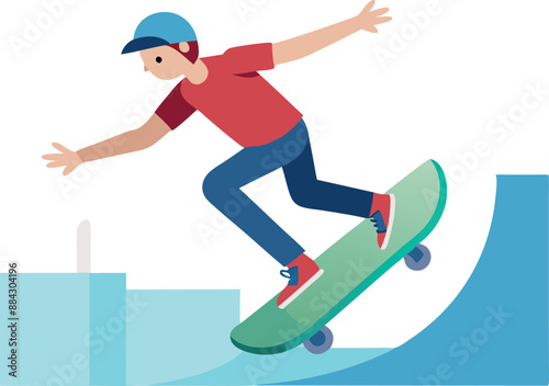 Illustration of a young skateboarder performing stunts on a ramp. The skateboarder is wearing a helmet for safety.
