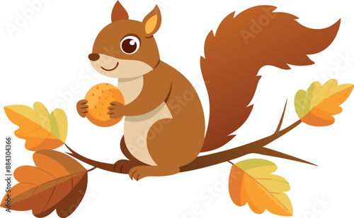 Illustration of a cute cartoon squirrel holding an acorn on a branch with autumn leaves. Perfect for children's books, autumn themes, and nature illustrations.