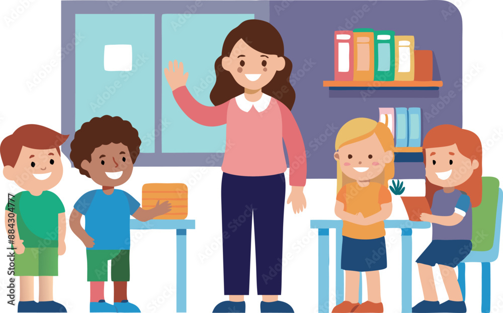 Illustration of a teacher with smiling children in a classroom. Kids are happily learning together with books and educational activities. Illustration of a teacher with smiling children in a classroom. Kids are happily learning together with books and educational activities.