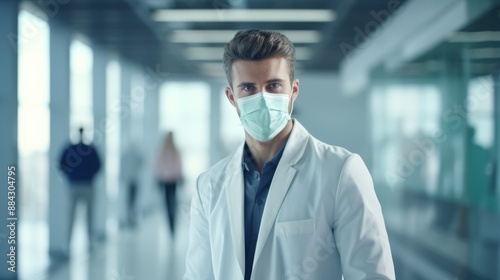 Medical professional wearing mask, indistinct face, clean hospital environment, neutral tones