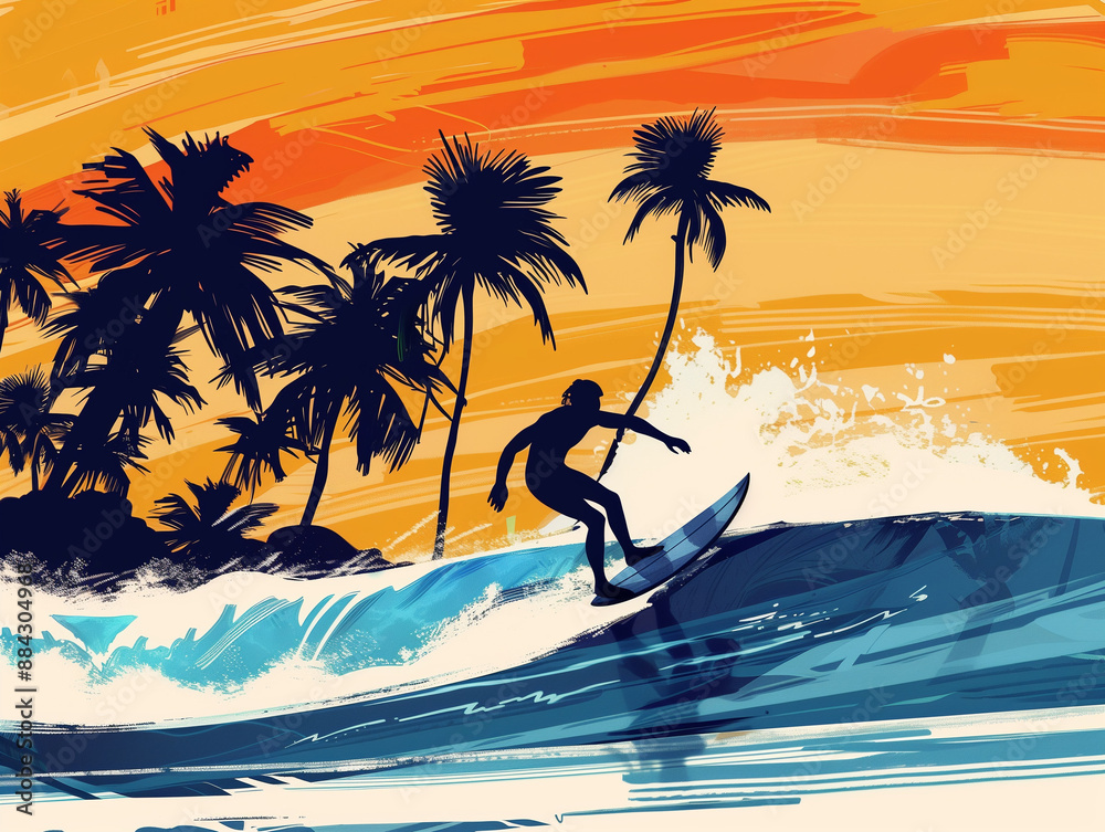 A surfer riding a wave with palm trees lining the beach in the background