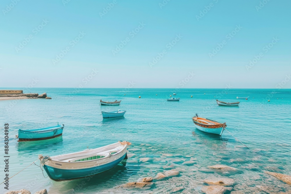 Tranquil Mediterranean Seascape with Moored Boats - Perfect for Travel and Nature Prints Tranquil Mediterranean Seascape with Moored Boats - Perfect for Travel and Nature Prints