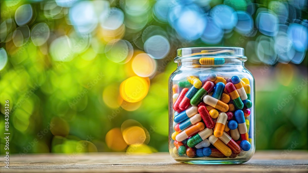 Colorful capsules in jar with a blurred background , vitamins, supplements, medication, health, wellness, pharmacy, container Colorful capsules in jar with a blurred background , vitamins, supplements, medication, health, wellness, pharmacy, container