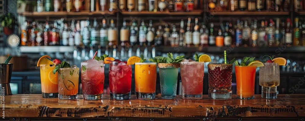 Obraz premium Colorful array of cocktails on a bar counter, highlighting mixology and social drinking