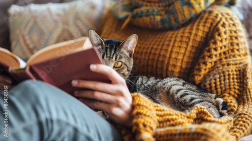 Mid adult woman reading a book with her cat beside her on a couch