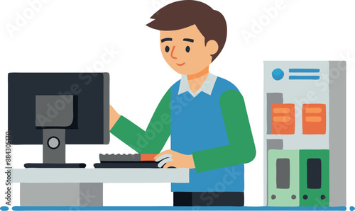 Colorful illustration of a man working on a desktop computer in an office environment, accompanied by file cabinets.