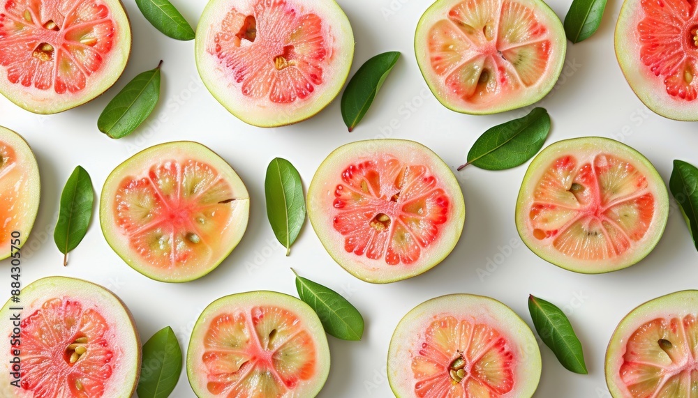 Naklejka premium Sliced pink pomelo with green leaves arranged in a pattern on a white background, showcasing fresh and vibrant citrus fruit.