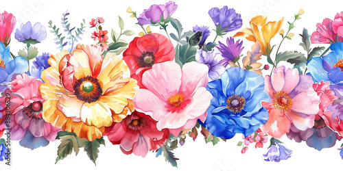 A seamless border pattern with different kinds of summer flowers. Hand drawing, watercolour painting