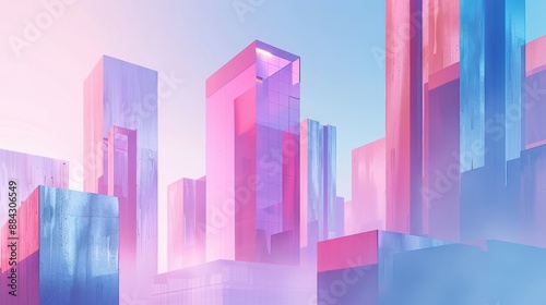 digital rendering of futuristic buildings with gradient facades in shades of pink, purple, and blue © venusvi