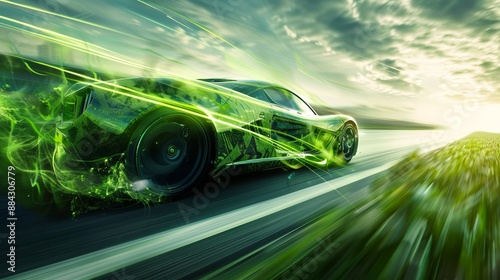 A green sportscar races towards the horizon at sunrise, leaving behind vibrant green energy trails, showcasing speed, power, and the essence of freedom and adventure.