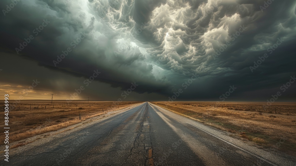 long straight road cuts through a flat landscape heading directly into a powerful storm long straight road cuts through a flat landscape heading directly into a powerful storm