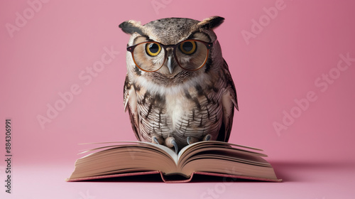 Wallpaper Mural Cute owl in glasses reading book, learning against pink studio backdrop with copy space. Funny concept of school education and knowledge Torontodigital.ca
