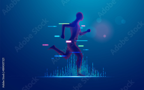 concept of digital transformation or virtual reality technology, graphic of man running with futuristic element