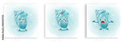 Human heart water brush style in moods. Water brush heart on watercolor background vector for web design on white.Vector illustrator