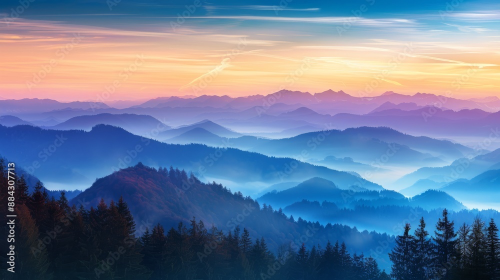 serene mountain scene at sunset with mist rising from the valleys and the sky transitioning from bright to twilight hues serene mountain scene at sunset with mist rising from the valleys and the sky transitioning from bright to twilight hues