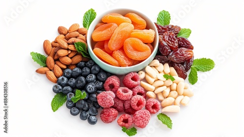 Fototapeta Naklejka Na Ścianę i Meble -  A selection of dried fruits, including apricots, figs, and dates, arranged on a transparent background to emphasize their rich colors and textures.