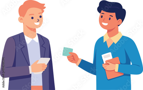 Illustration of two smiling business professionals exchanging business cards. Friendly interaction capturing networking and cooperation in a professional setting.
