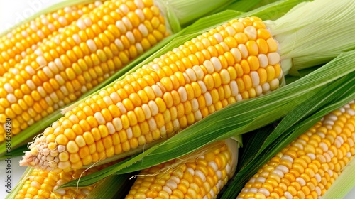 Freshly harvested corn on the cob, arranged on a transparent background to emphasize their bright yellow kernels and green husks.