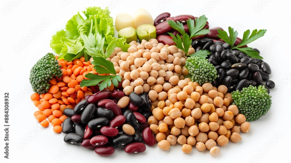 A variety of beans, including black beans, kidney beans, and chickpeas, displayed on a transparent background to showcase their different colors and shapes.