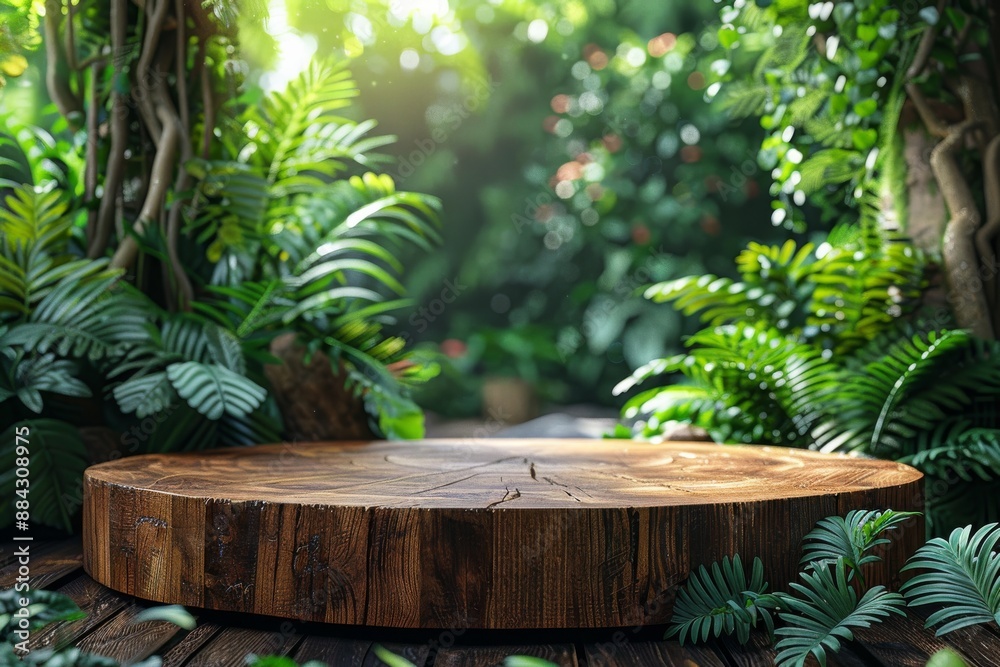 Fototapeta premium A wooden podium placed in the midst of a tropical forest. Generative AI