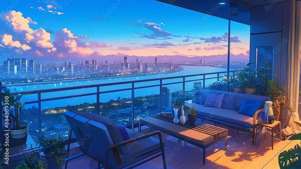Fototapeta premium Evening Cityscape from Rooftop Balcony