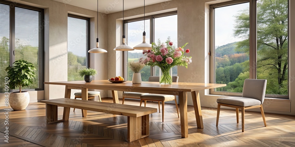 Obraz premium Minimalist wooden dinning table with benches and a vase of flowers in a modern house with large windows, minimalist, wooden