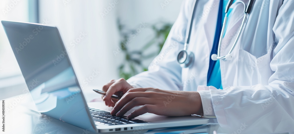 Female medical doctor typing. Female medical doctor typing.