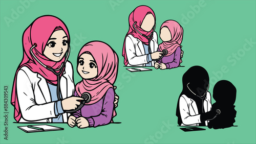 Female doctor, doctor with hijab, physician in white scrubs examine a child with a stethoscope, listen to his heartbeat Pediatrician examining patient. Kids visit a doctor for a checkup.