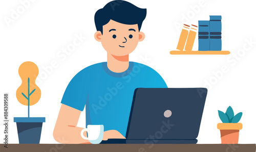 Illustration of a man working on a laptop at a desk with coffee, plants, and books in a home office setting.