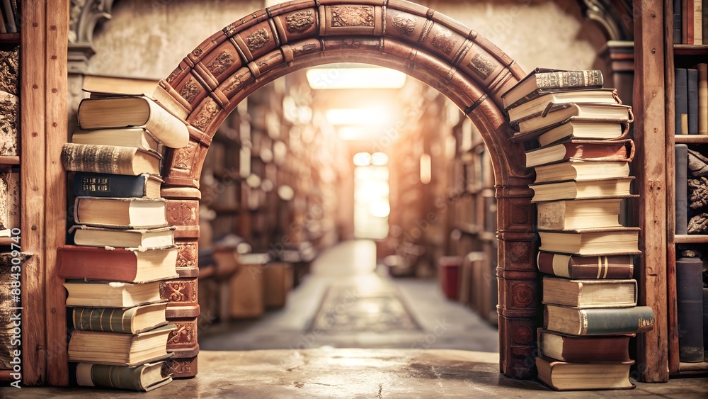 Obraz premium Vintage library with old books stacked beside a stone arch and warm sunlight streaming through, creating a cozy and nostalgic atmosphere.