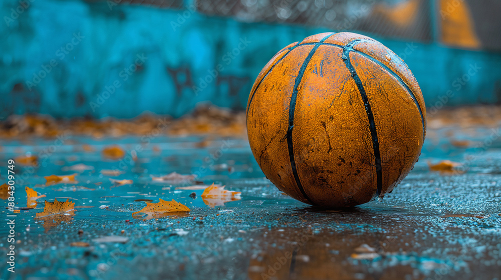 Basketball ball on empty blue court. Autumn weather, rain and fallen leaves. Basketball ball on empty blue court. Autumn weather, rain and fallen leaves.