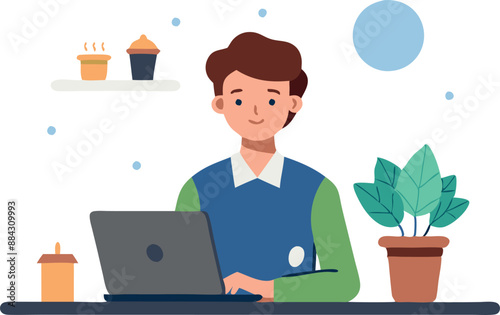 Young man working on laptop at a desk with coffee and plants, depicting a relaxed and productive environment.