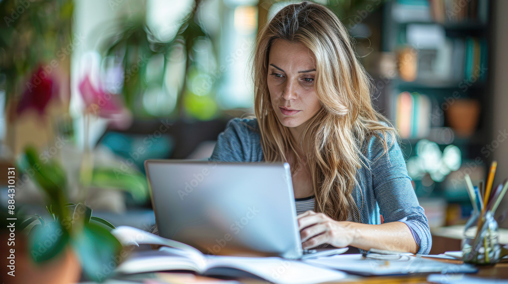 Businesswoman doing paperwork and using a laptop to pay bills at home Businesswoman doing paperwork and using a laptop to pay bills at home