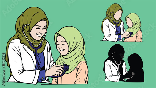 Female doctor, doctor with hijab, physician in white scrubs examine a child with a stethoscope, listen to his heartbeat Pediatrician examining patient. Kids visit a doctor for a checkup.