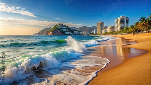 Ocean waves crashing on the sandy beach in Acapulco Mexico, beach, Acapulco, Mexico, ocean, waves, sand, shore, coastline