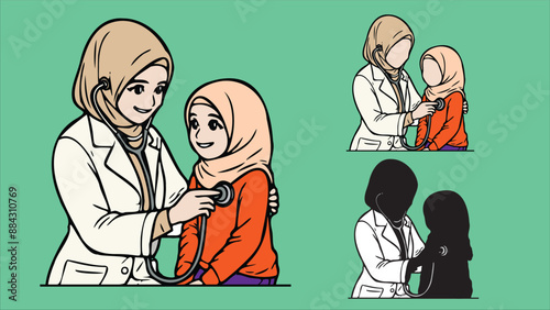 Female doctor, doctor with hijab, physician in white scrubs examine a child with a stethoscope, listen to his heartbeat Pediatrician examining patient. Kids visit a doctor for a checkup.