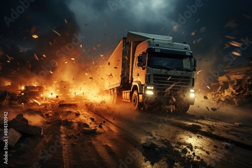 Cargo truck with burning tires on the road at night. Industrial accident concept. Car Accident concept. Car Insurance agency Concept with copy space. © John Martin