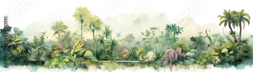 Beautiful watercolor painting of a tropical rainforest with lush vegetation, trees, and misty atmosphere.