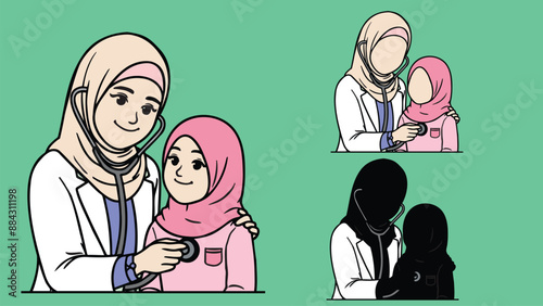 Female doctor, doctor with hijab, physician in white scrubs examine a child with a stethoscope, listen to his heartbeat Pediatrician examining patient. Kids visit a doctor for a checkup.
