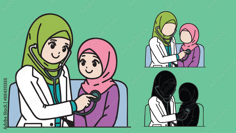 Female doctor, doctor with hijab, health professional, physician in white scrubs examine a child with a stethoscope, listen to his heartbeat Pediatrician examining patient child boy Female doctor, doctor with hijab, health professional, physician in white scrubs examine a child with a stethoscope, listen to his heartbeat Pediatrician examining patient child boy