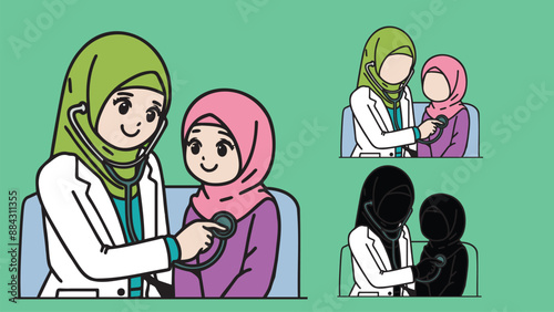 Female doctor, doctor with hijab, health professional, physician in white scrubs examine a child with a stethoscope, listen to his heartbeat Pediatrician examining patient child boy