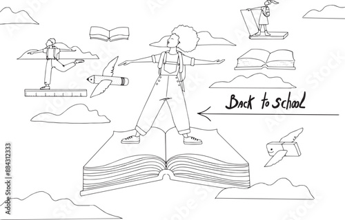 illustration rentrée scolaire enfants nuages livre ailes vol texte retour à l'école modifiable diversité vecteur