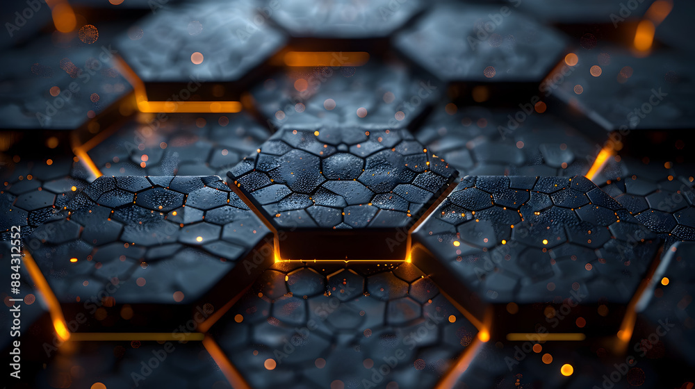Luxurious metallic hexagonal abstract background with a dramatic glowing golden grid pattern cinematic lighting and a pure black horizontal banner The image has a futuristic industrial Luxurious metallic hexagonal abstract background with a dramatic glowing golden grid pattern cinematic lighting and a pure black horizontal banner The image has a futuristic industrial