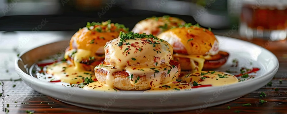 Plate of eggs Benedict with hollandaise sauce, highlighting classic brunch dishes Plate of eggs Benedict with hollandaise sauce, highlighting classic brunch dishes