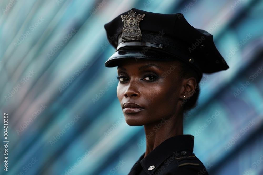 Confident African American Female Police Officer Standing Firmly Before Blurred Urban Background